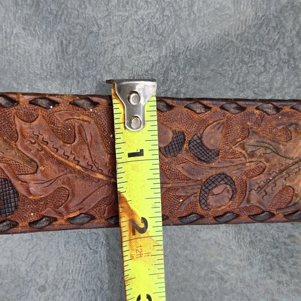 Vtg 70's Brown Hand Carved TOOLED Leather 42